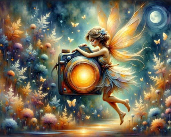 Whimsical fairy with camera in a colorful forest