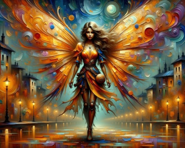 Majestic figure with orange wings in urban setting