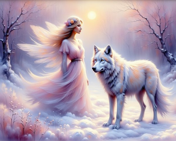 Ethereal Winter Scene with Woman and White Wolf
