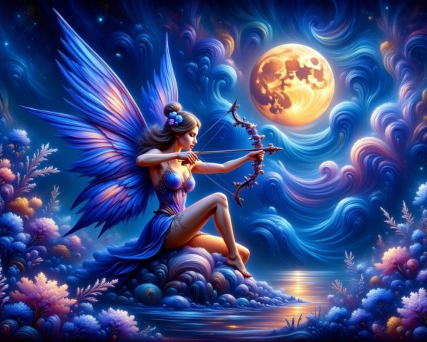 Fairy with Blue Wings Aiming at Full Moon Scene