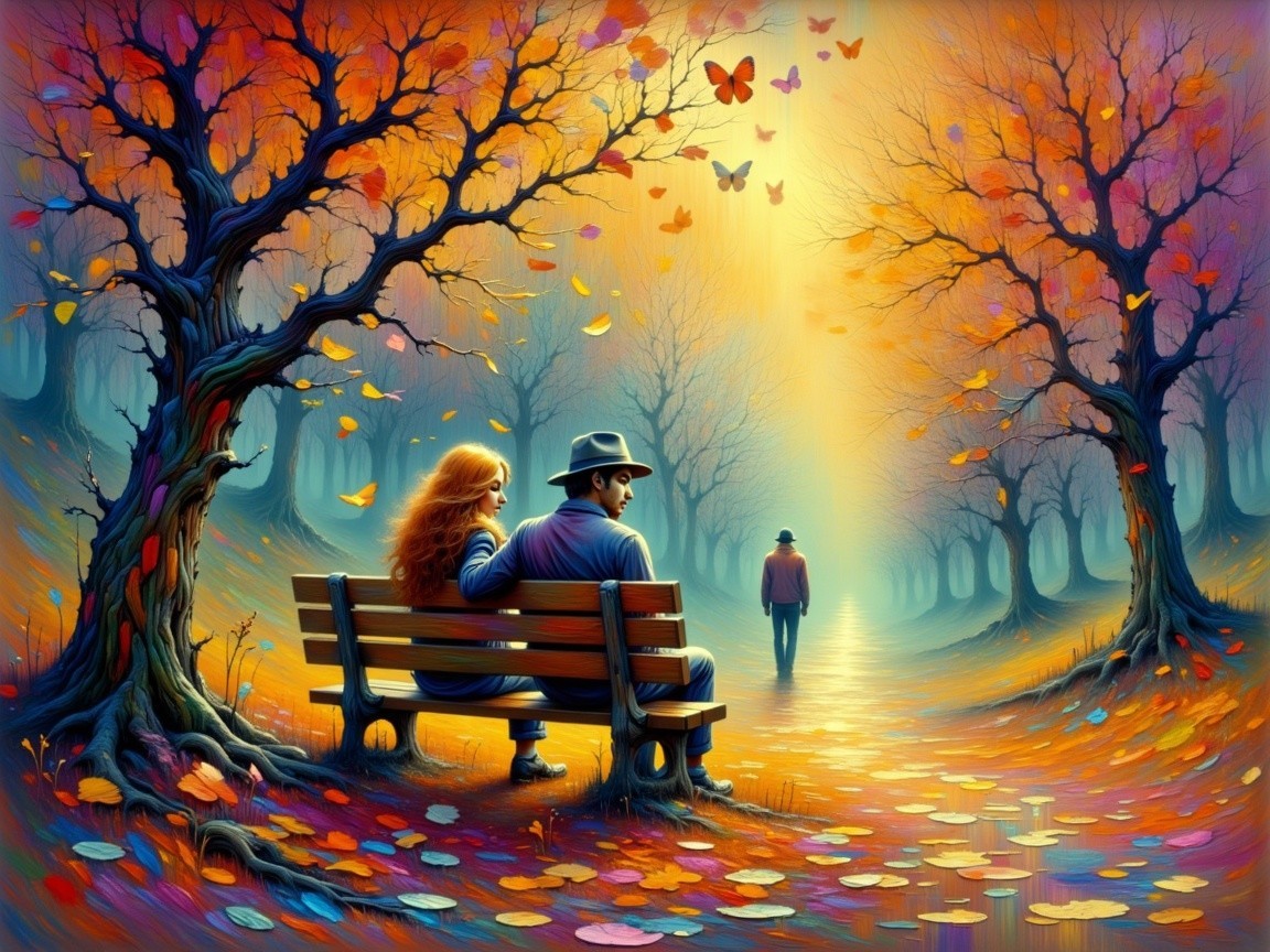 Autumn Scene with Couple on Park Bench and Butterflies