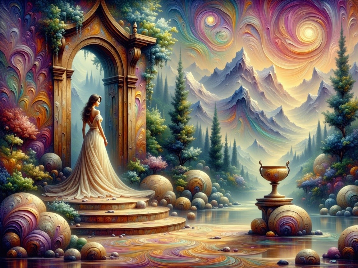 Surreal Landscape with Archway and Colorful Lake