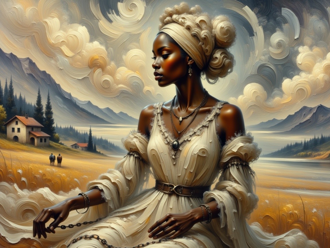 Regal Woman in Intricate Hairstyle and Dreamy Landscape