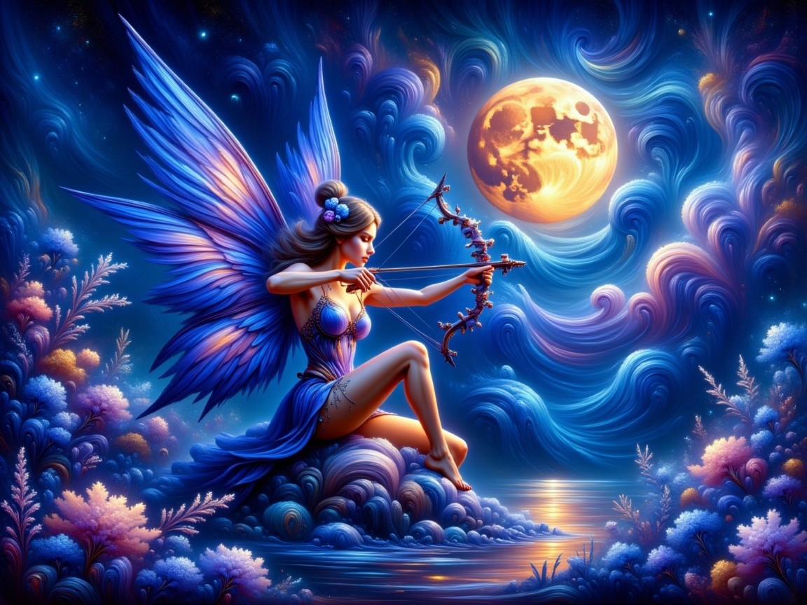 Fairy with Blue Wings Aiming at Full Moon Scene