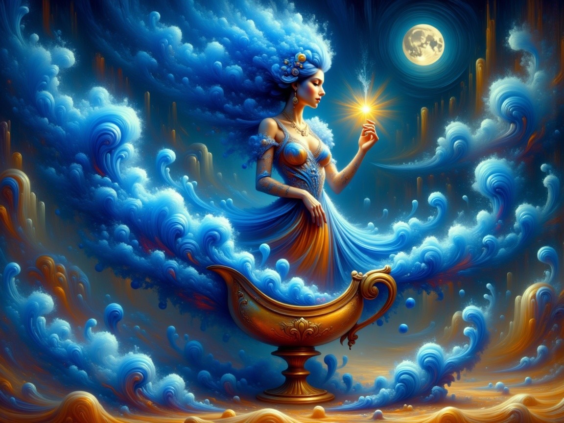 Mystical Figure in Blue and Gold with Ethereal Light