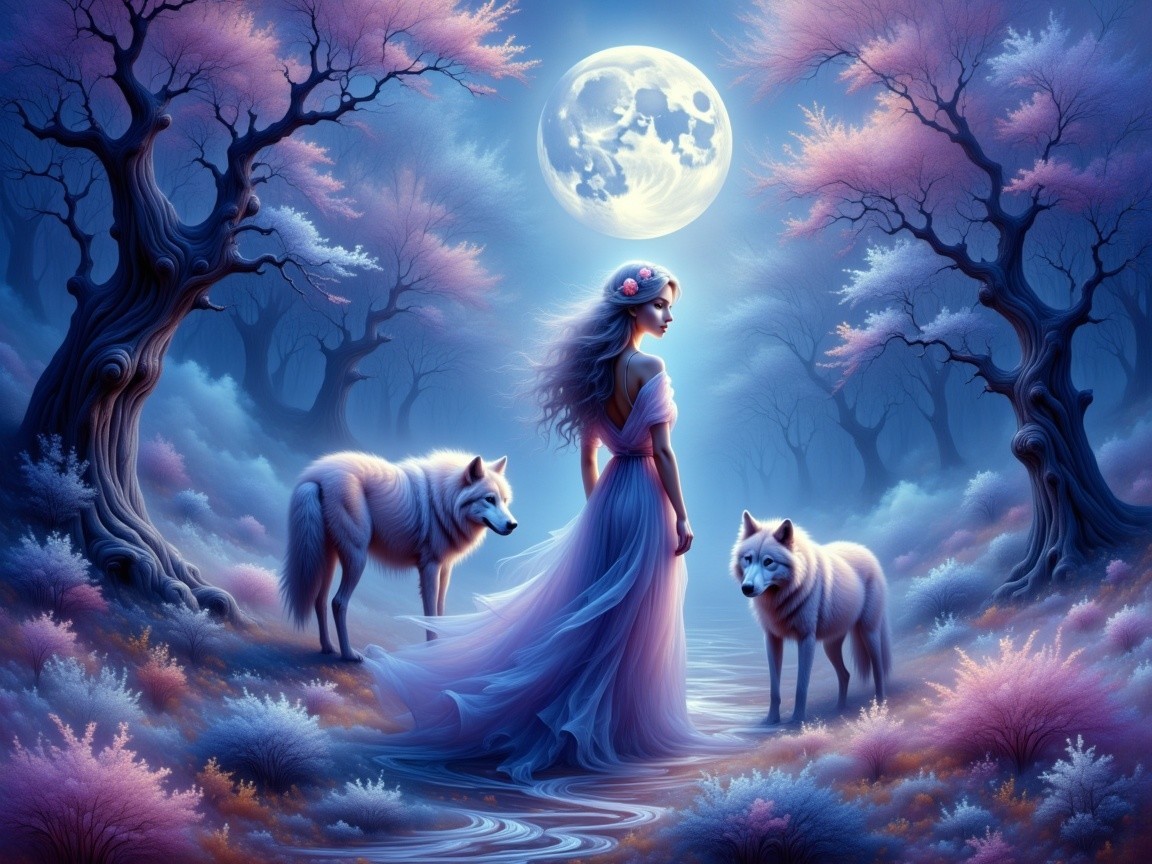 Mystical Scene with Woman and Wolves Under Full Moon