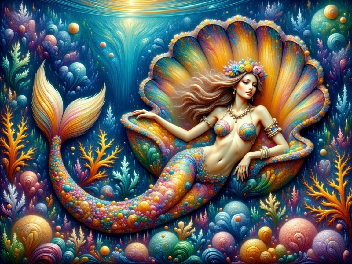 Vibrant Mermaid in Colorful Shell Underwater Scene