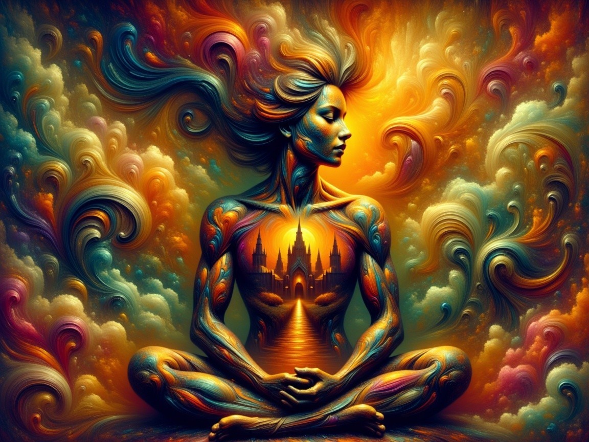 Vibrant Swirling Colors Surrounding Meditative Figure