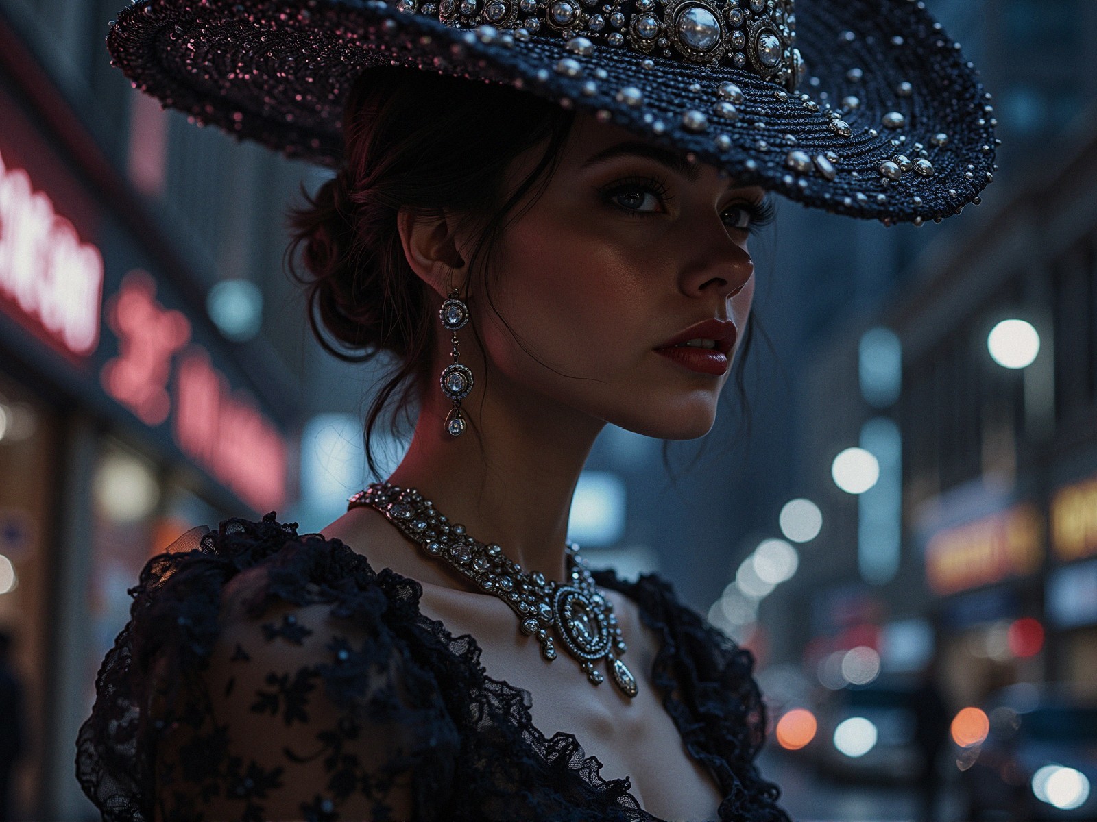Chic Woman in Black Lace Dress with Dramatic Hat