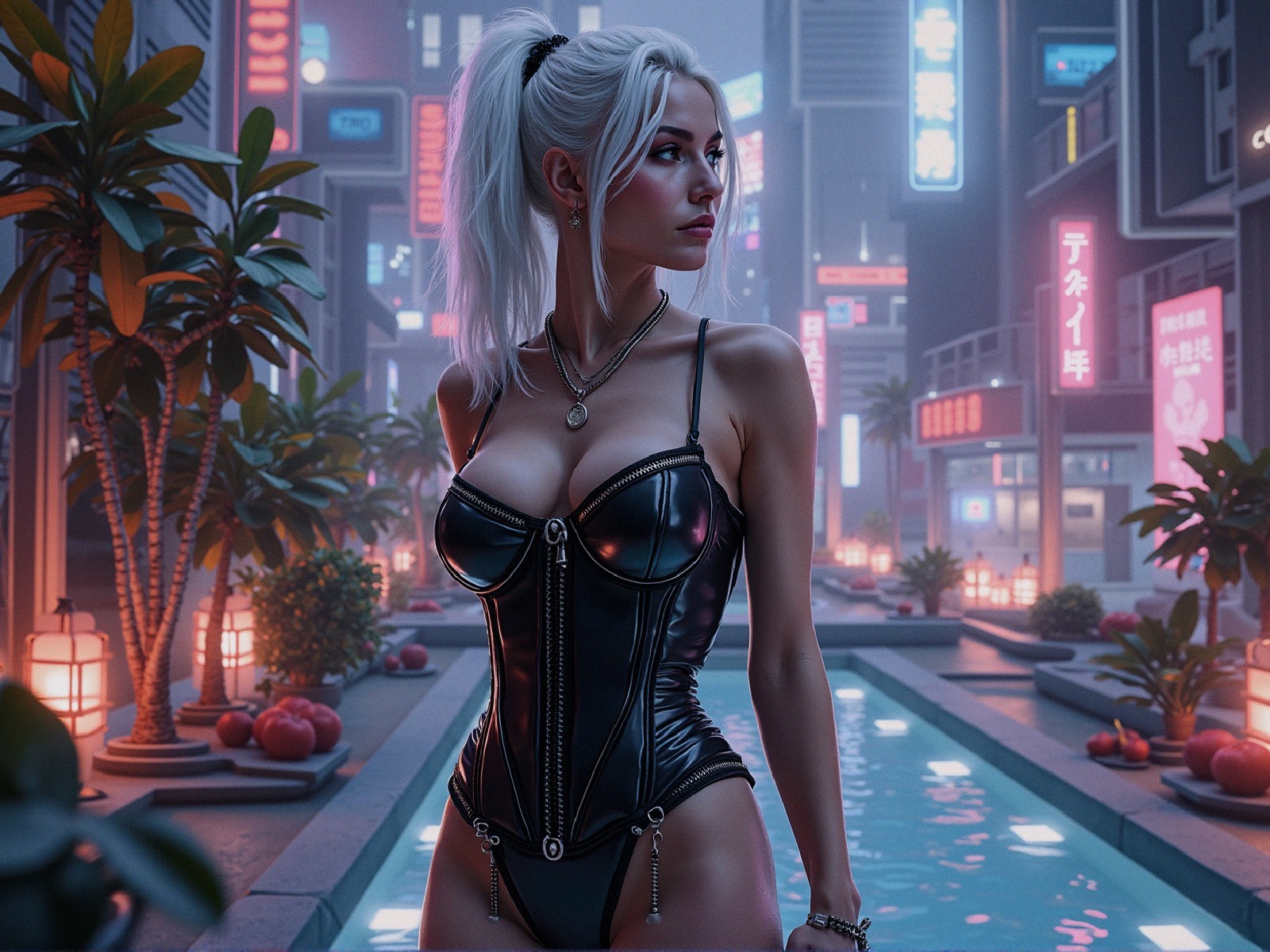 Futuristic Urban Scene with Stylish Woman in Bodysuit