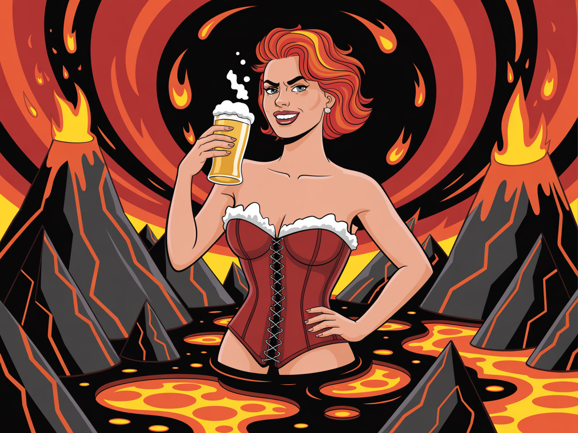 Confident Woman in Corset Amidst Fiery Volcanoes