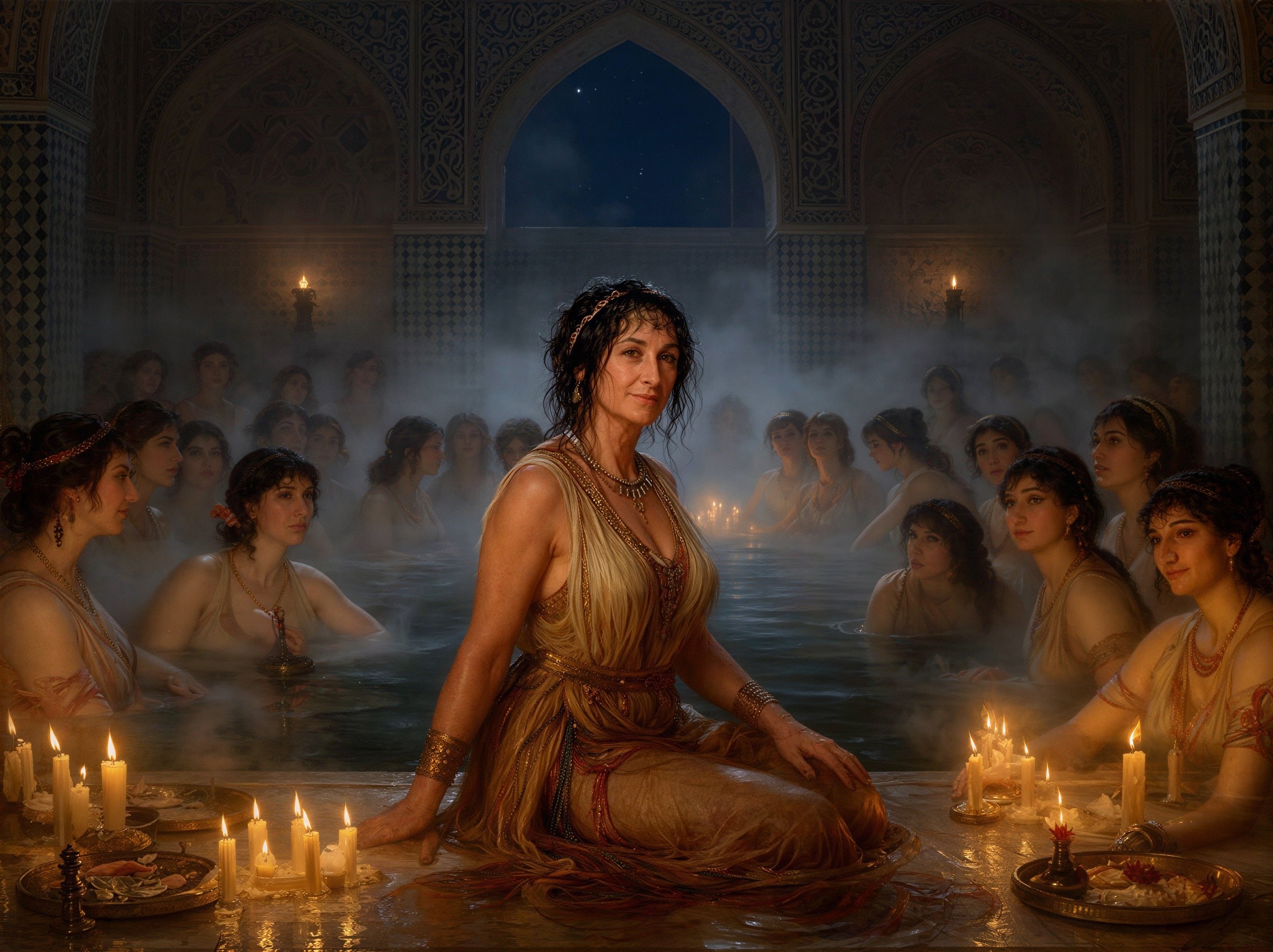 Atmospheric Bathhouse Scene with Central Figure in Gold
