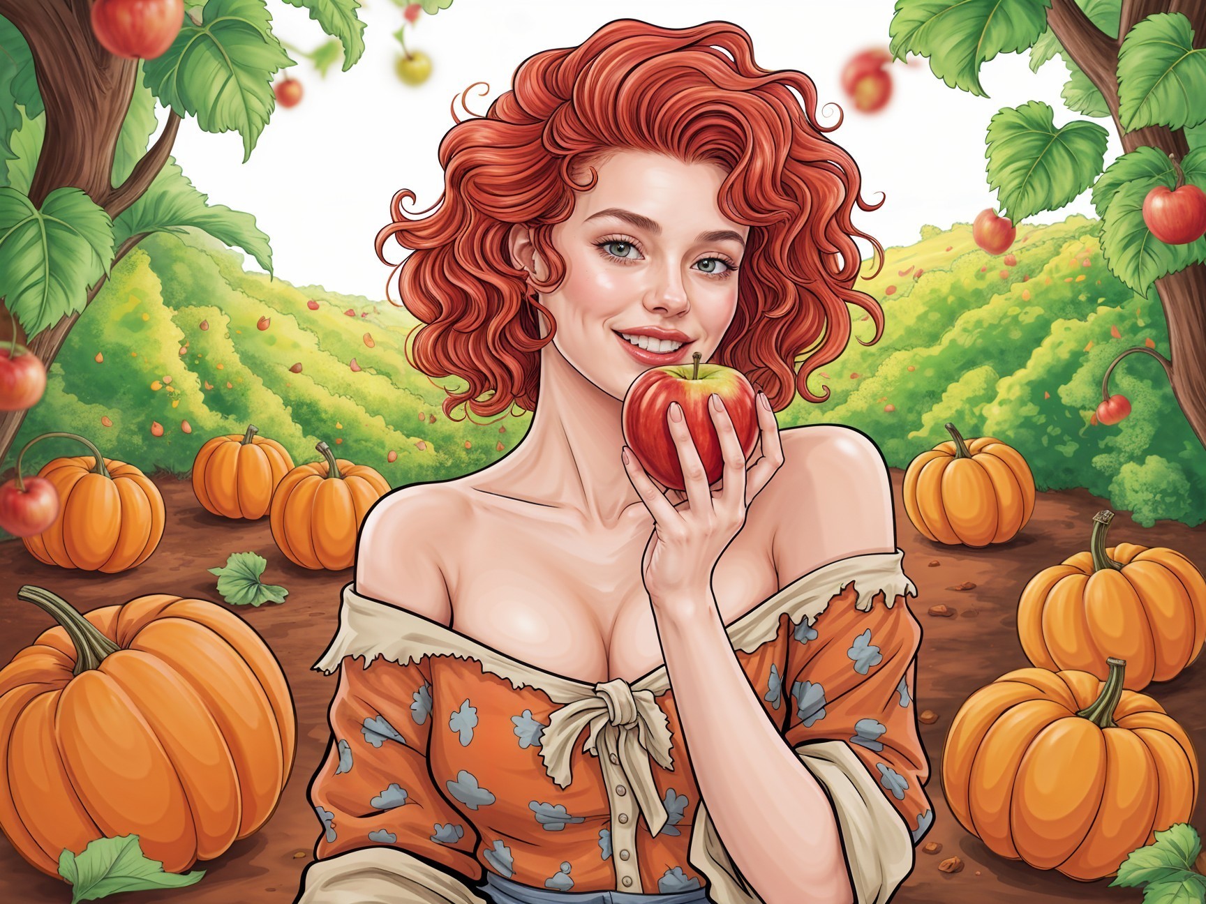 Young woman in autumn orchard with red apple and pumpkins