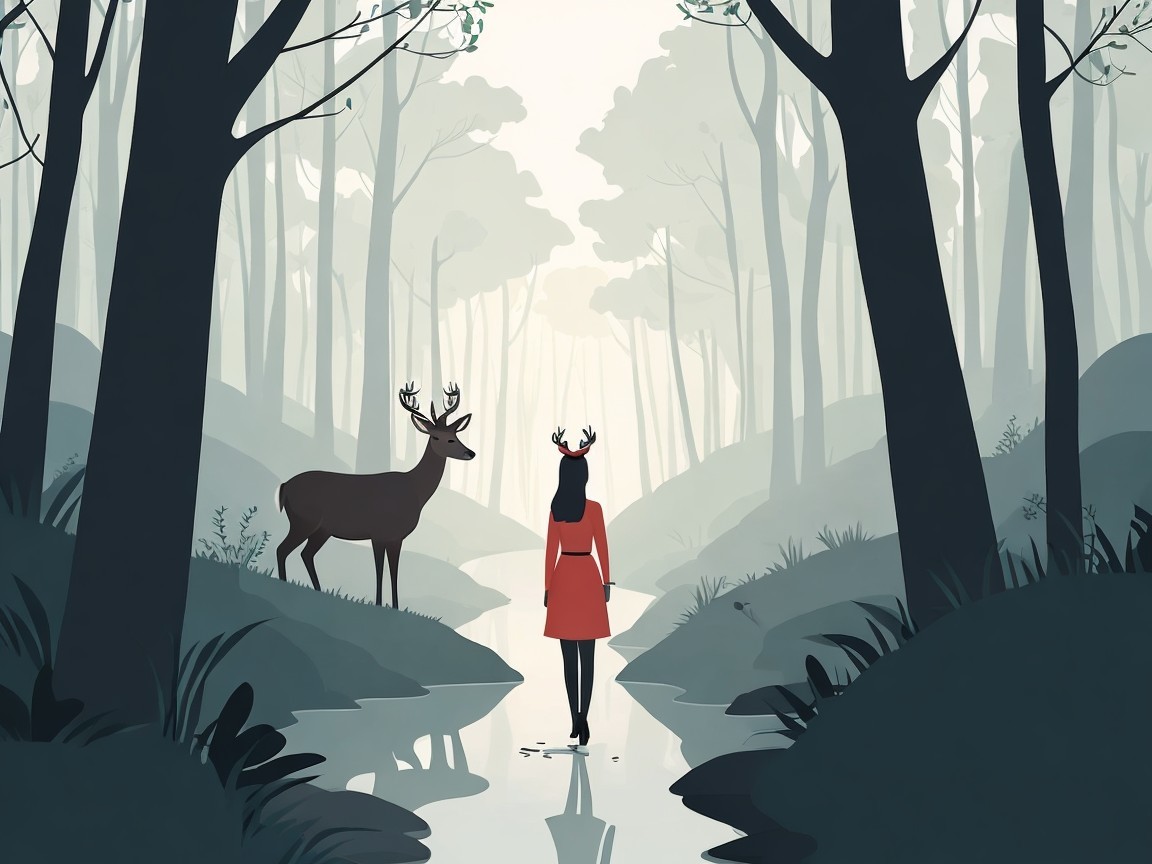 Serene forest scene with woman and deer in stream
