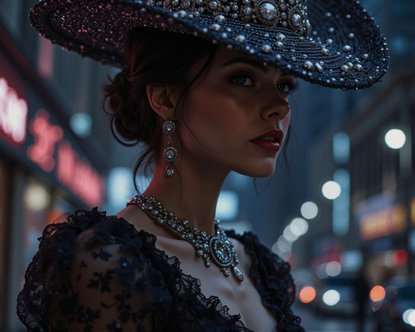 Chic Woman in Black Lace Dress with Dramatic Hat
