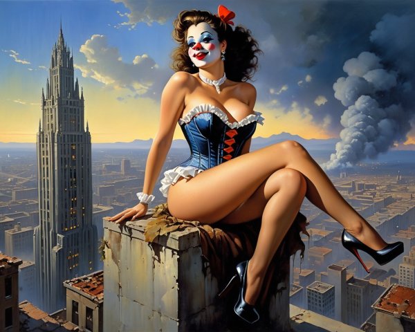 Surreal Painting of Woman with Clown Makeup on Rooftop