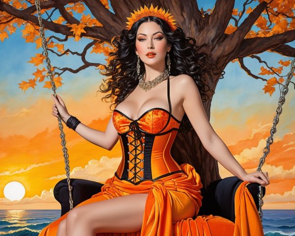 Elegant woman on swing in vibrant autumn setting