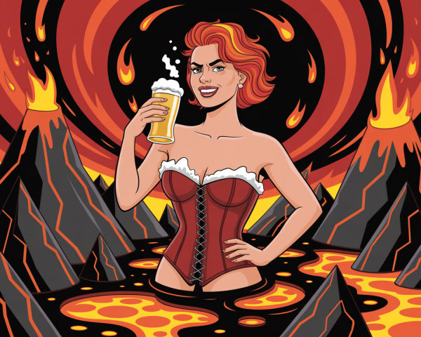 Confident Woman in Corset Amidst Fiery Volcanoes