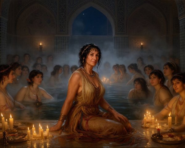 Atmospheric Bathhouse Scene with Central Figure in Gold
