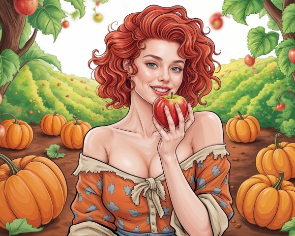 Young woman in autumn orchard with red apple and pumpkins