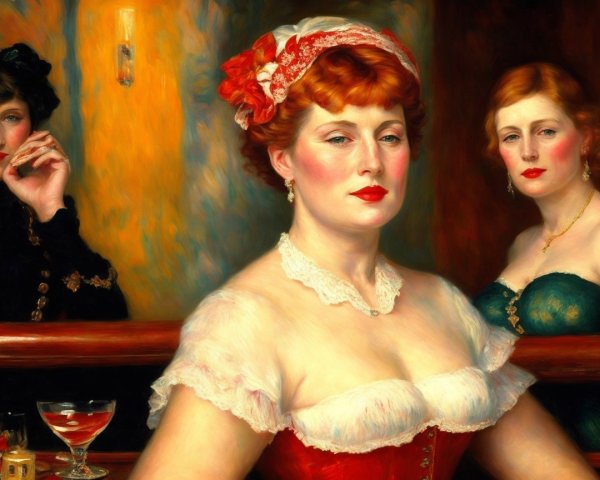 Three Women in Vintage Setting with Elegant Attire