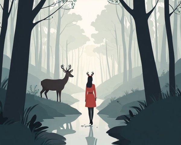 Serene forest scene with woman and deer in stream
