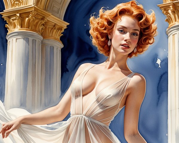 Illustration of a woman in a sheer gown with red hair