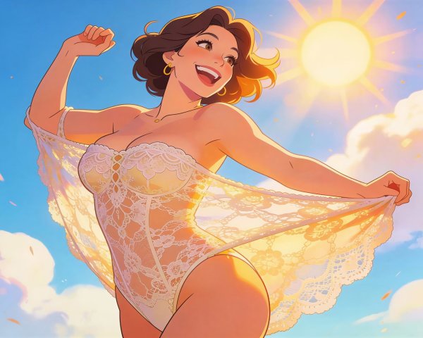 Young Woman in Lace Garment Under Bright Sunshine