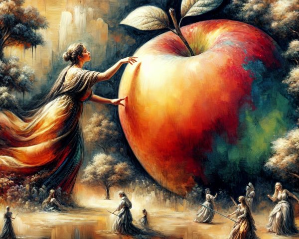 Giant Apple Surrounded by Ethereal Trees and Figures