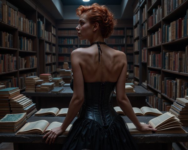Vintage Library Scene with Confident Woman in Corset