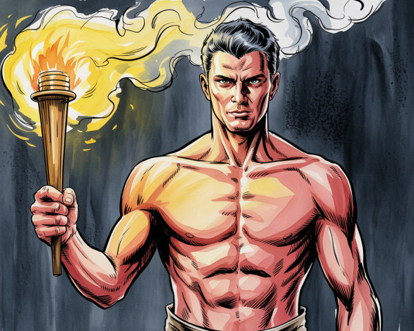 Muscular Man Holding Torch in Dramatic Comic Style