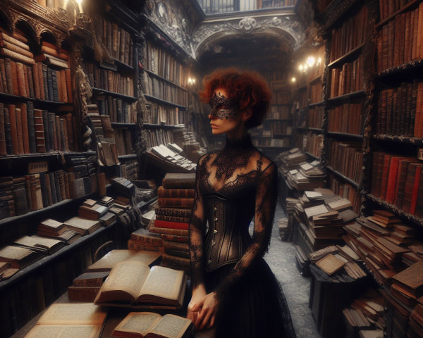 Mysterious Woman in Ancient Library with Candlelight