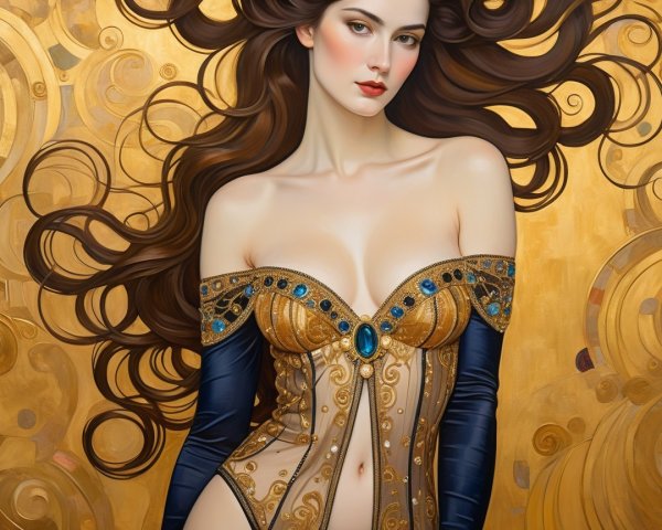 Elegant woman in ornate bodice with gold patterns