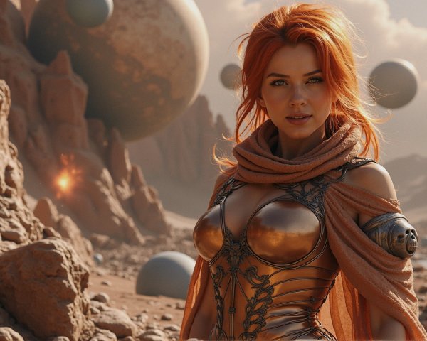 Surreal Figure in Futuristic Landscape with Orbs