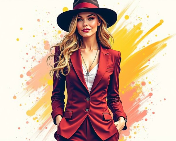 Stylish Woman in Red Suit with Colorful Background