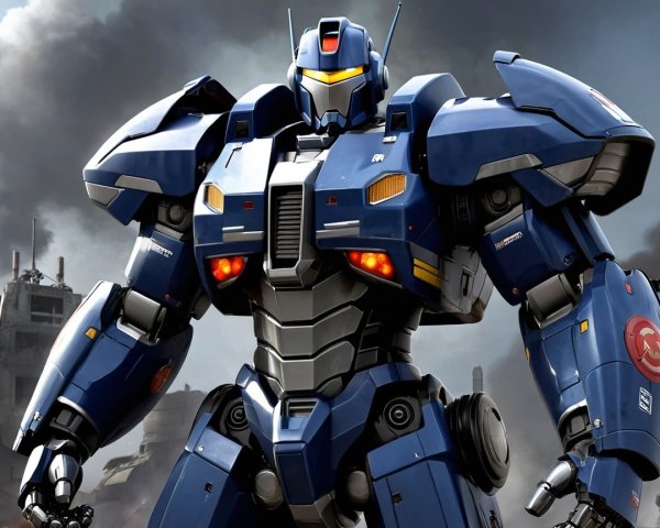 Futuristic Blue Robotic Suit in Apocalyptic Setting