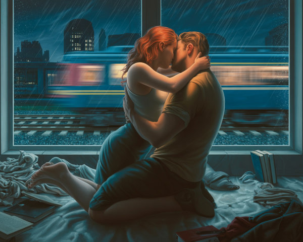 Cozy Room with Couple Kissing Amid Rainy City Lights