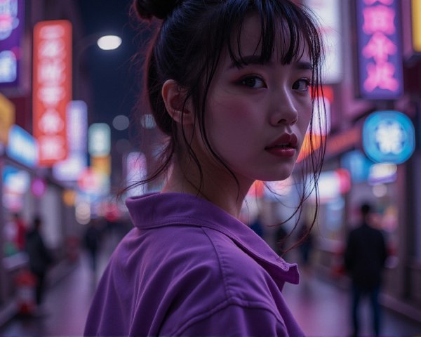 Young woman in neon-lit urban street scene