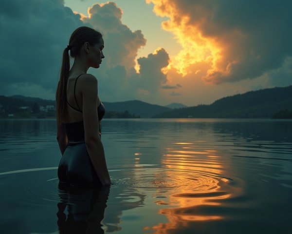 Silhouette of a woman in a tranquil lake at sunset