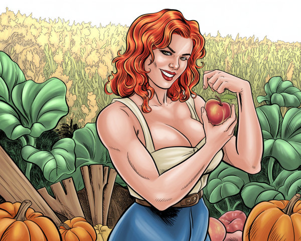 Muscular Woman with Red Hair and Apple in Harvest Scene