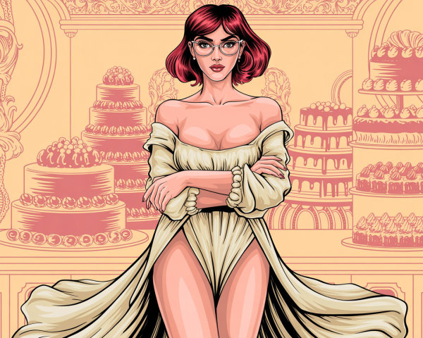 Confident Woman in Off-White Dress Among Pastries