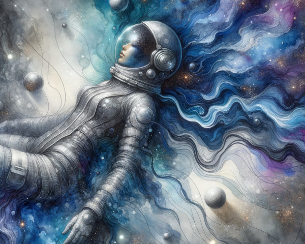 Astronaut in Cosmic Space with Galaxies and Colors