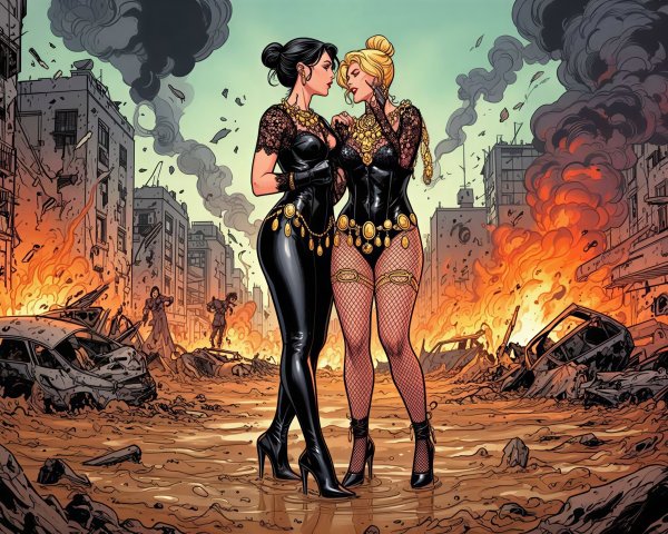 Women in a war zone with burning cars and smoke