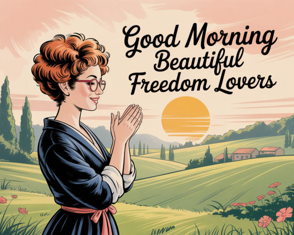 Cheerful Woman in Scenic Landscape with Sunrise