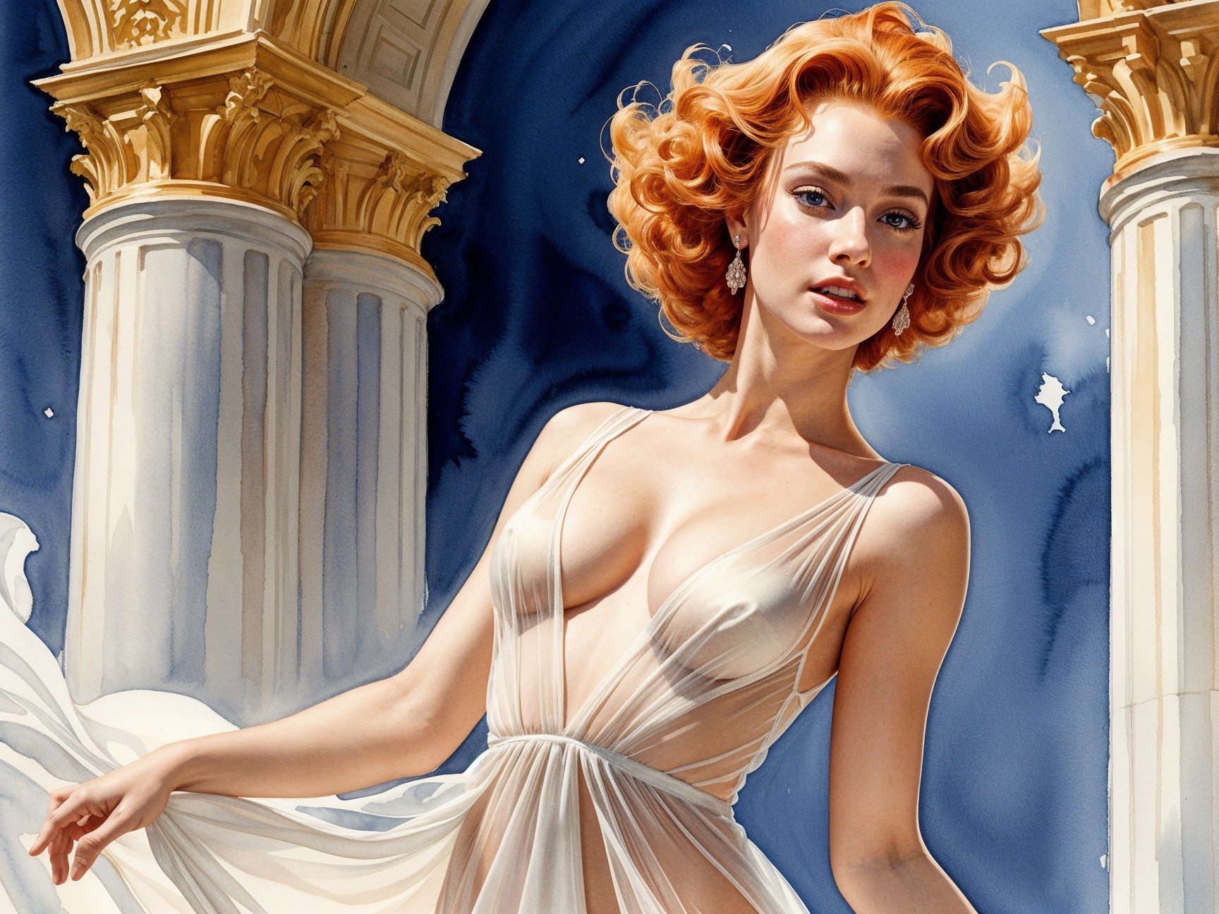 Illustration of a woman in a sheer gown with red hair