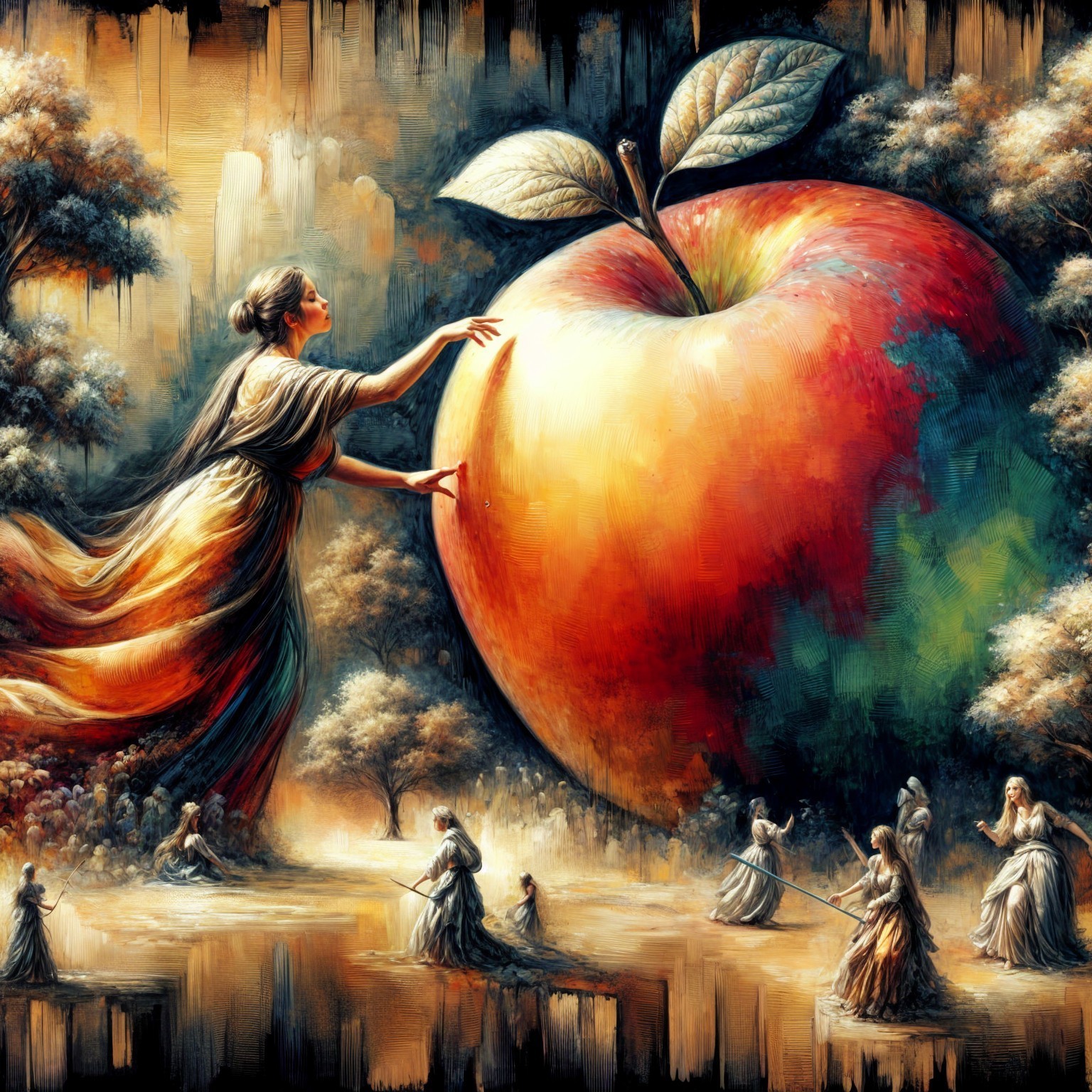 Giant Apple Surrounded by Ethereal Trees and Figures