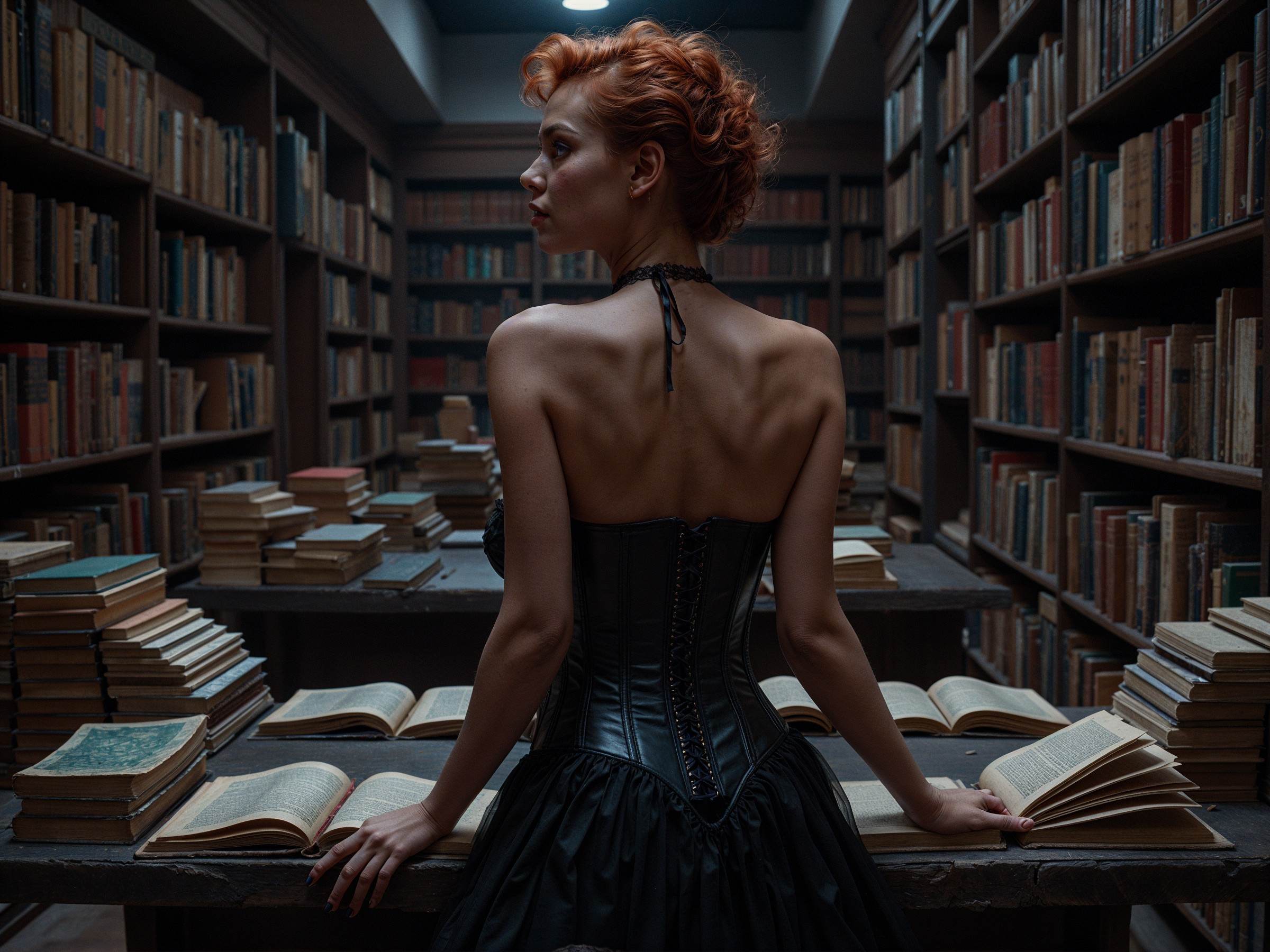 Vintage Library Scene with Confident Woman in Corset