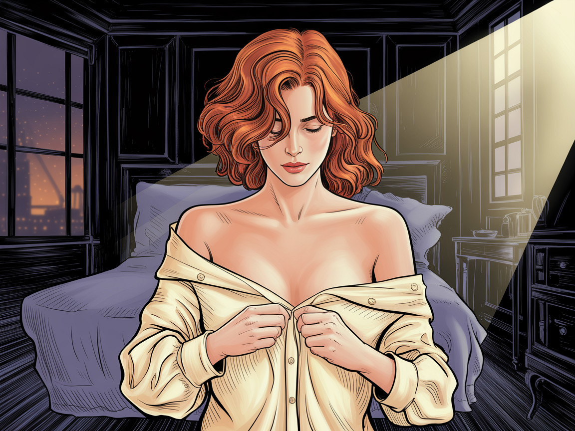 Woman with Wavy Red Hair in Dimly Lit Room