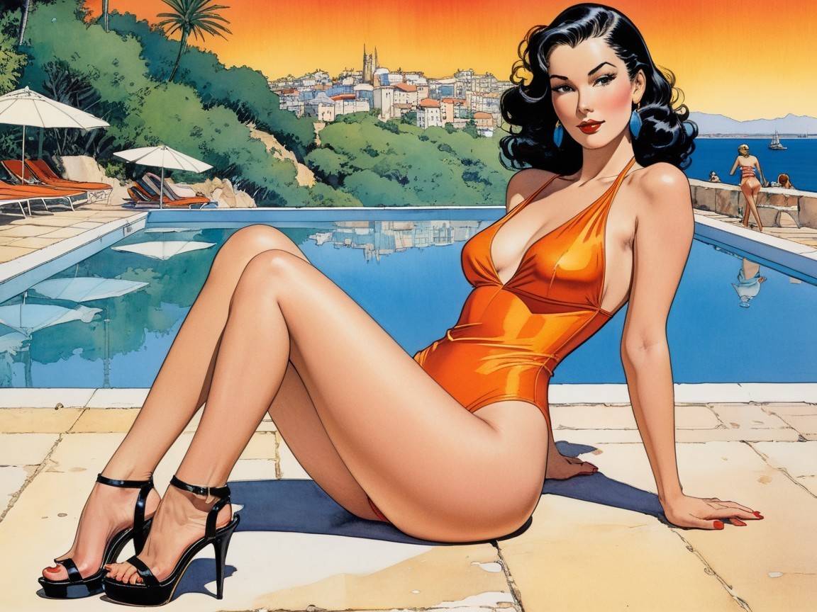 Glamorous Woman in Orange Swimsuit by Poolside
