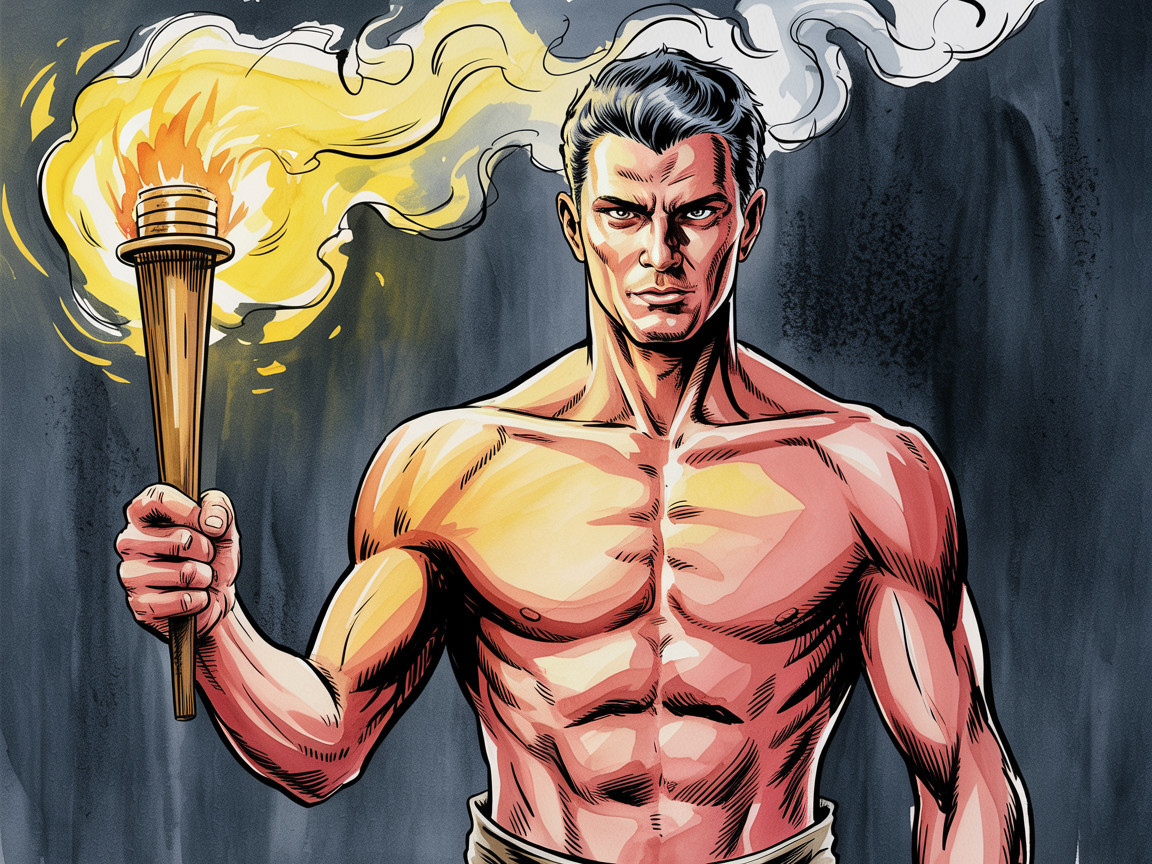 Muscular Man Holding Torch in Dramatic Comic Style